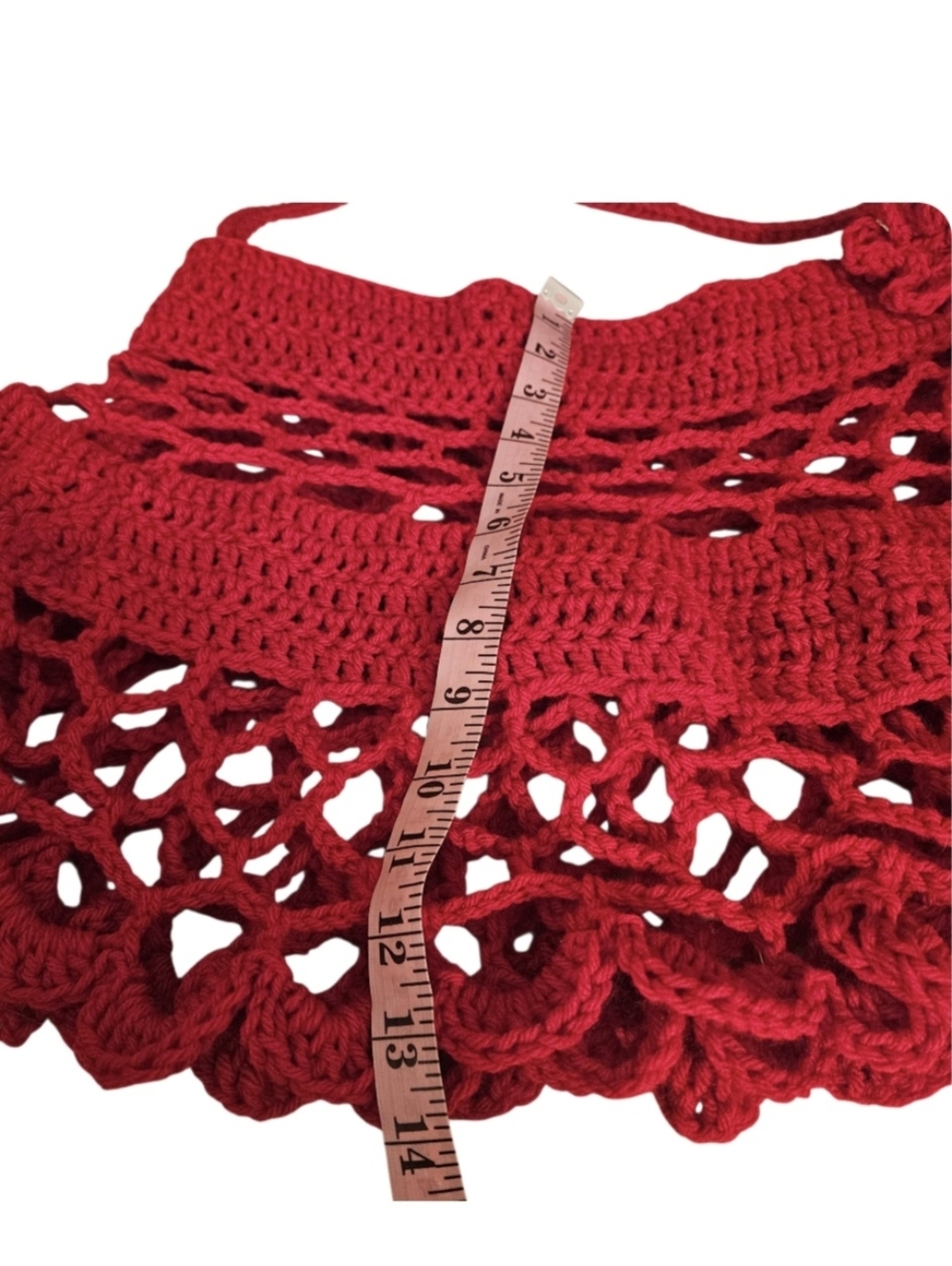 Handmade Red Crochet One-Shoulder Shawl Unique 5-way Hand Knit Summer Boho Piece - Picture 7 of 16